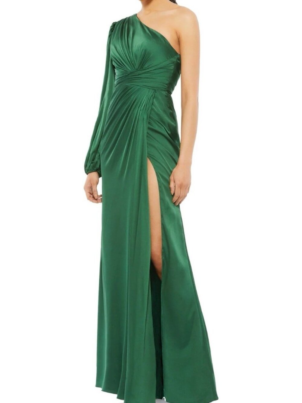 MAC DUGGAL Size 6 11251 Green ONE SHOULDER LONG SLEEVE DRAPED Satin GOWN Dress